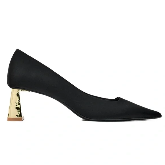 Zara Black Satin Heels With Metallic Gold Block Heel - Picture 2 of 11